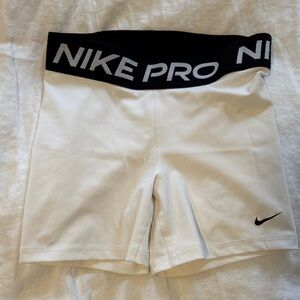 Women’s Nike Pro White Athletic Bike Shorts with Black Logo Waistband